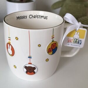 NEW Miffy & Friends Merry Christmas Ornaments White Coffee Mug w/ Gold Rim 18oz
